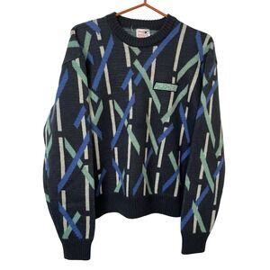 Vintage Spyder Pure New Wool Geometric Abstract Ski Sweater Mens Large Navy Blue
